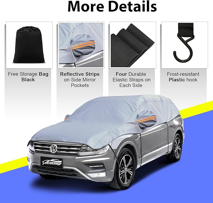 Half Car Cover Sedan, Top Cover for Windshield & Sunroof Protection with Cotton Liner, Hail Protector Car Cover Waterproof All Weather for Snow, Sun,Rain,Dust