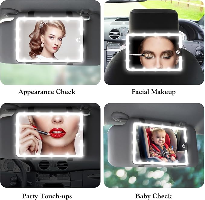 LED Vanity Mirror for Regular Car Sun Visor,Lightweight Car Mirrors with Dimmable Lights, 3-Color Vanity Makeup Mirror for Universal Standard Vehicle Visor