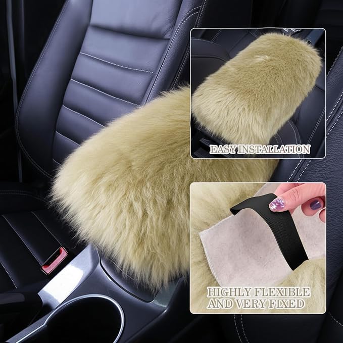 Furry Armrest Cover Auto Center Console Cover Car Soft Console Pad, Real Sheepskin Wool Soft Fluffy Auto Center Armrest Pad for Most Car Decoration Protector (Champagne)