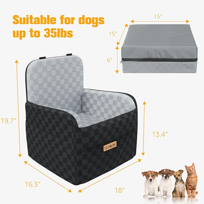 Waterproof Dog Car Seat for Small Medium Dogs, 6in Memory Foam Pet Booster Seat for Dogs up to 26 lbs with Pockets, Detachable Washable Pet Carseat with Y-Shape Safety Belt