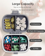 Holii Travel Pill Organizer, 8 Compartments Portable Pill Case, Daily Pill Box to Hold Vitamins, Small Pill Container for Pocket Purse Medicine Organizer（Gray）