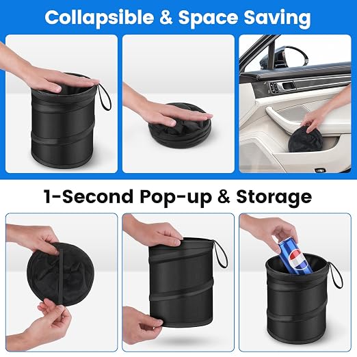 2 Pack Car Trash Can, Mini Pop-Up Car Garbage Can with Hanging Loop, Leakproof Washable Small Collapsible Trash Can Automotive Garbage Cans Trash Bin for Truck Auto SUV Vehicle RV Camping, 2 Gallon