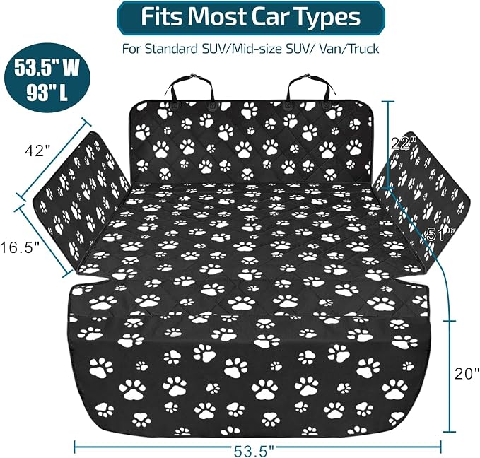 SUV Cargo Liner for Dogs with Side Flaps, Large (54" x 93") Water Resistant Trunk Cover, Non-Slip Pet Area Protector with Bumper Flap, Universal Fit for SUVs Sedans Vans, Paw Print