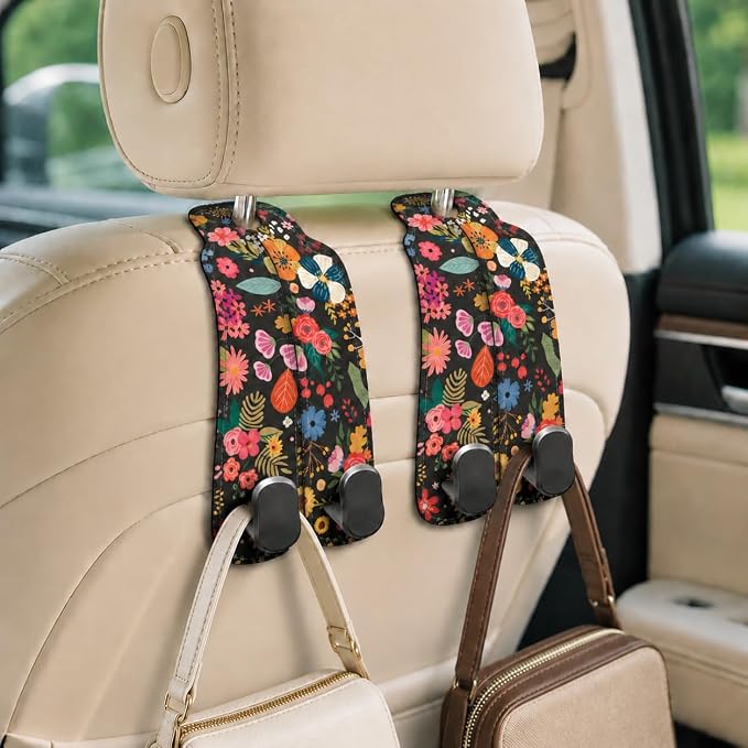 Cute Floral Car Seat Back Storage Headrest Hooks for Purses & Bags – 2PCS PU Leather Dual Metal Hooks, Backseat Organizer Accessories