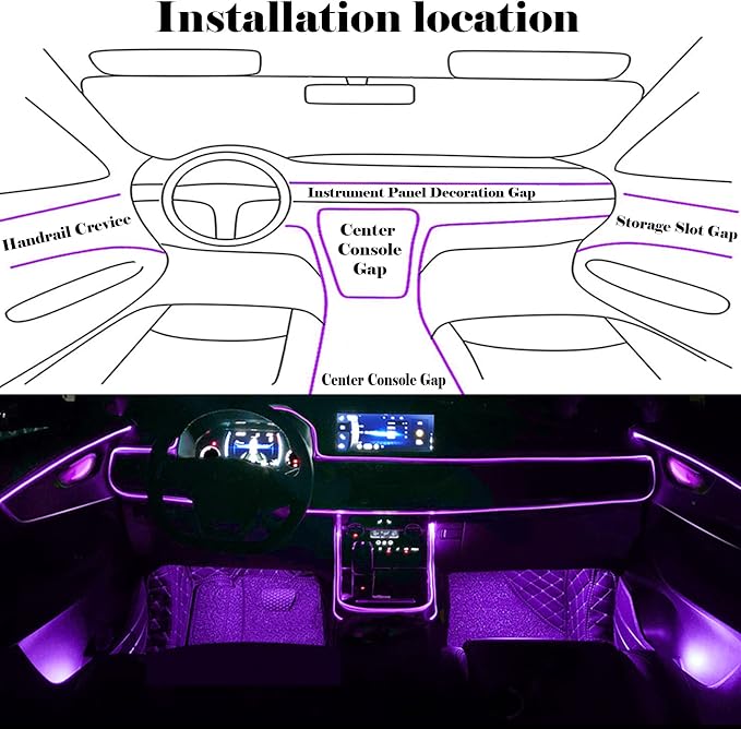 Interior Car LED Strip Lights, RGB 6 in 1 Ambient Lighting Kits with 315 inches Fiber Optic, 16 Million Colors Car Interior Lights with Wireless APP and Remote Control, Sync to Music