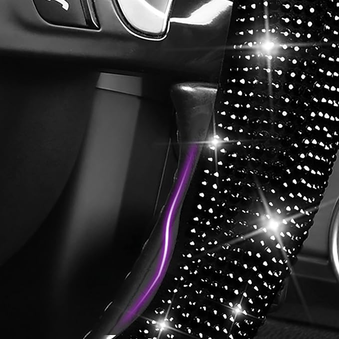 2PCS Bling Diamond Segmented Steering Wheel Cover with Crystal Rhinestones, Wheel Protector Non-Slip Cute Car Accessories Universal Fit D-Shape O-Shape 14.5" to 16" for Women, Black Diamond