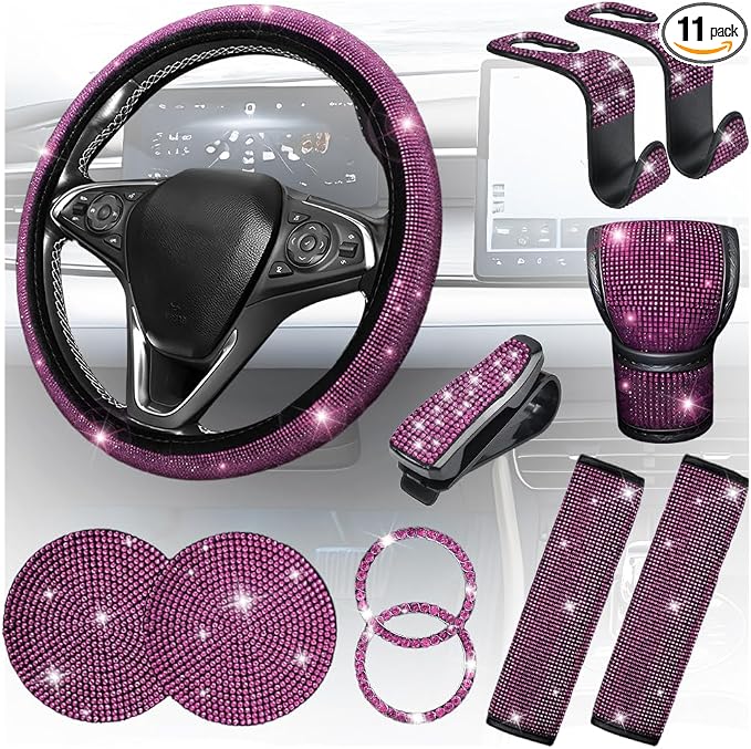 11PCS/Set Bling Car Accessories Set for Women, Rhinestone Vehicle Steering Wheel Cover Seat Belt Cushion Gear Shift Protector Cup Holder Coaster, Universal Automotive Accessories (Pink)