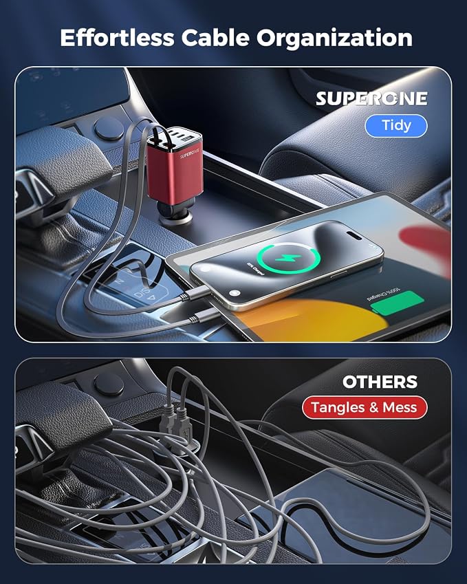 [Upgraded] 6 in 1 Retractable Car Charger, Smaller Fast Car Phone Charger 69W with Cord, USB C and iPhone Car Charger Adapter, Compatible iPhone 17/17 Pro Max/16/15/14/13/12/11, Sumsung