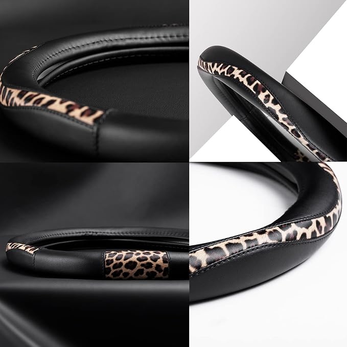 Steering Wheel Cover - Flat Bottom Wheel Cover Made with PVC Leather and Leopard Fabric - Universal Fit for 15-Inch D-Shaped Automotive Steering Wheels (Black Color)