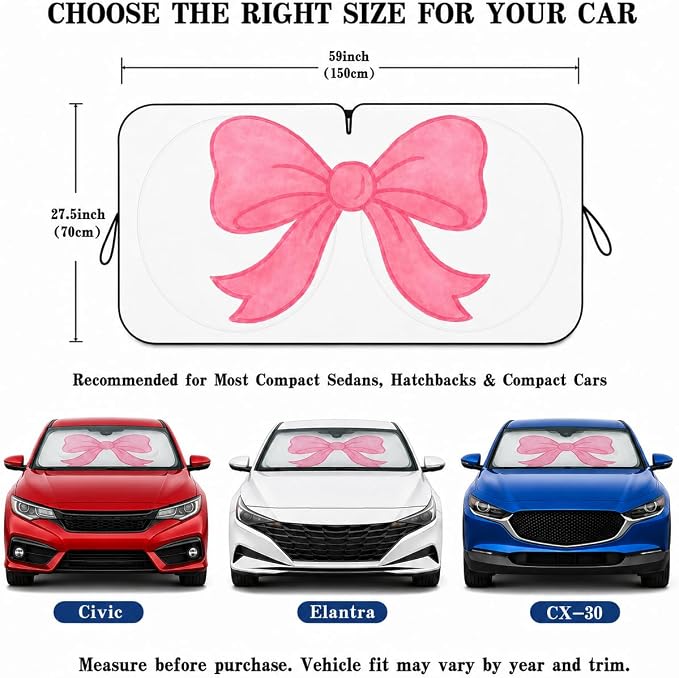 Car Windshield Sun Shade, Universal Fit Compact Sedan SUV, Watercolor Bow | 59 x 27.5" Car Sun Visor, Foldable Front Window Sunshade, UV Heat Protection, Girly Bow Series