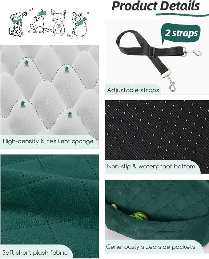 Dog Booster Car Seat for Small/Medium Dogs,6in Elevated Cushion,Fully Detachable and Washable,2 Storage Pockets & 3 Straps,Fits in Front/Back Seat,Easy to Install (Green,Medium)