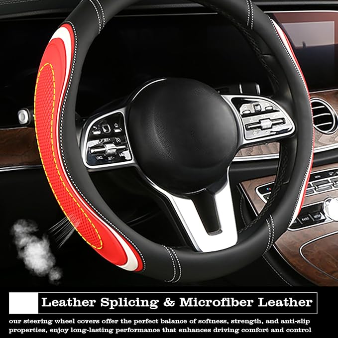 Leather Splicing Black Red White Car Steering Wheel Cover,14.5-15 Inch Universal Microfiber Leather Covers Breathable Anti-Slip Odorless Steering Wheels Accessories for Men Women