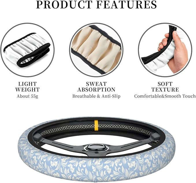 Flowers Steering Wheel Cover Car Elastic Steering Wheel Protector | Blue White Anti-Slip Breathable Car Accessories Interior for Women Men Universal 15 Inch Fit Auto SUVs Vans Truck