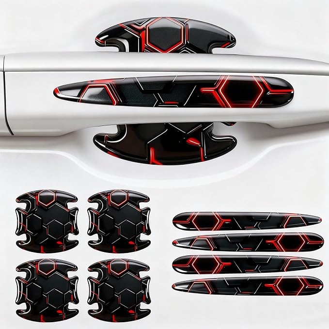 8PCS Car Door Handle Scratch Protectors,3D Patterned-Marking，Anti Scratch, Automotive Door Handle Paint Protective Film Cover Accessories, Universal for Most Cars (Black-Red)