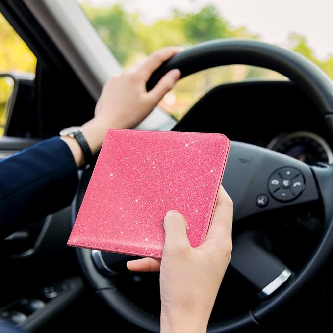 CoBak Car Registration and Insurance Holder - Small and Lightweight Vehicle Glove Box Car Organizer, Auto Truck Comparment Accessories Case for Essential Document, Driver License (Glitter Rosy)