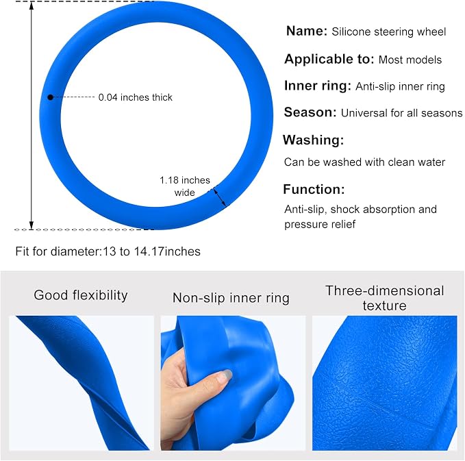 Car Steering Wheel Cover, 13 to 14.17 inches Anti-Slip Silicone Steering Wheel Protector, Soft Flexible Shock-Absorbent Steering Wheel Protective Cover for Most Car Models (Dark Blue)