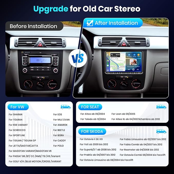 2G+64G for VW Passat Tiguan Golf Jetta T5 EOS Polo Skoda Android Car Stereo with Wireless Carplay Android Auto, 9“ Touch Screen Bluetooth Car Radio Support GPS Navigation WiFi FM SWC+Backup Camera