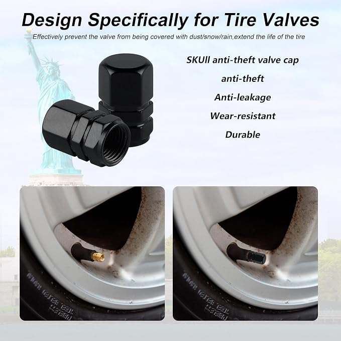 Aluminum Tire Stem Valve Caps Wheel Valve Covers Car Dustproof Tire Cap Cover Accessories, Universal for SUV, Car, Bike and Motorcycle, Hexagon Shape (4PCS Black)