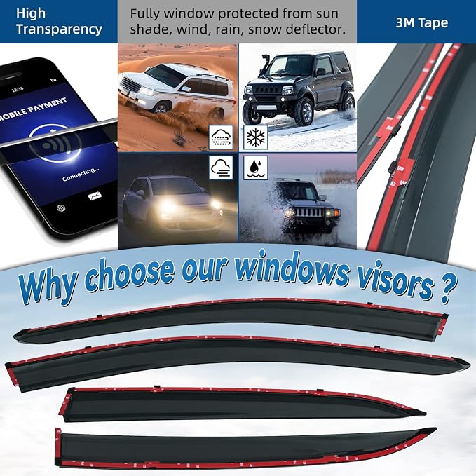 4pcs Smoke Tint with Chrome Trim Outside Mount Tape On/Clip On Style PVC Sun Rain Guard Vent Window Visors Compatible with 18-23 Equinox
