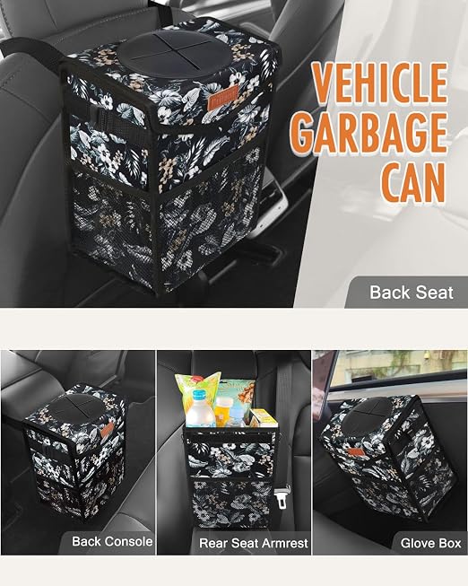 Car Trash Can with Lid, Cute Leakproof Car Trash Garbage Bag Hanging Vehicle Trash Bin Small Portable Automotive Garbage Cans Organizer for Back/Front Seat(Trapezoid,Black with Lily Print)