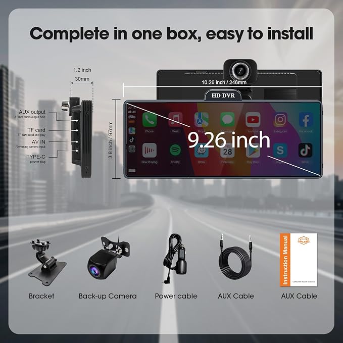 Wireless Carplay Screen for Car, 10.26" Portable Car Radio with Apple CarPlay & Android Auto, Backup Camera/Mirror Link/GPS/BT/Voice Control/AUX/FM Satellite Radio for All Vehicles