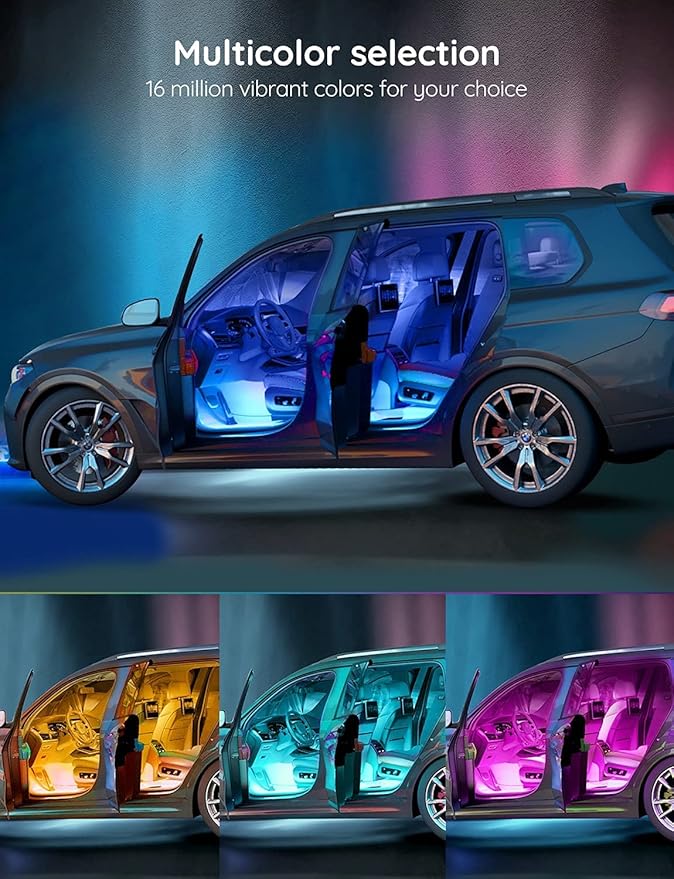 Car LED Lights, RGB Smart Car Interior Lights, App Control | DIY Mode and Music Mode, 2 Lines Design LED Lights for Cars with Car Charger, 12V