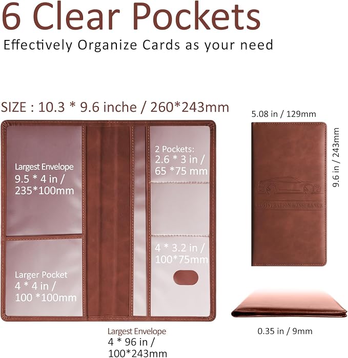 Car Accessories Registration and Insurance Holder,Leather Essential Card Magnetic Shut Vehicle Glove Box Organizer Case for Auto Driver License Document Truck Motorcycle Boat Men Women-Brown