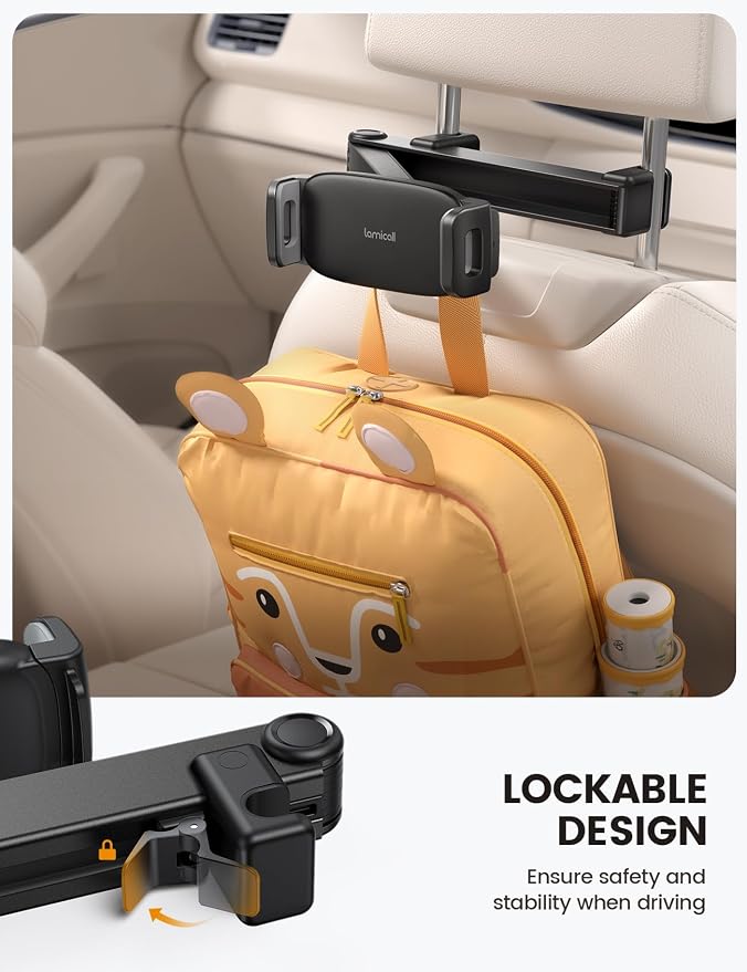 Car Headrest Tablet Holder - [Lockable] [3 in 1 Extension Arm] Upgrade Tablet Mount for Car Backseat, Gifts Road Trip Essentials for Kids, for iPad Pro Air Mini, Fire HD, 4.7-13" Tablets