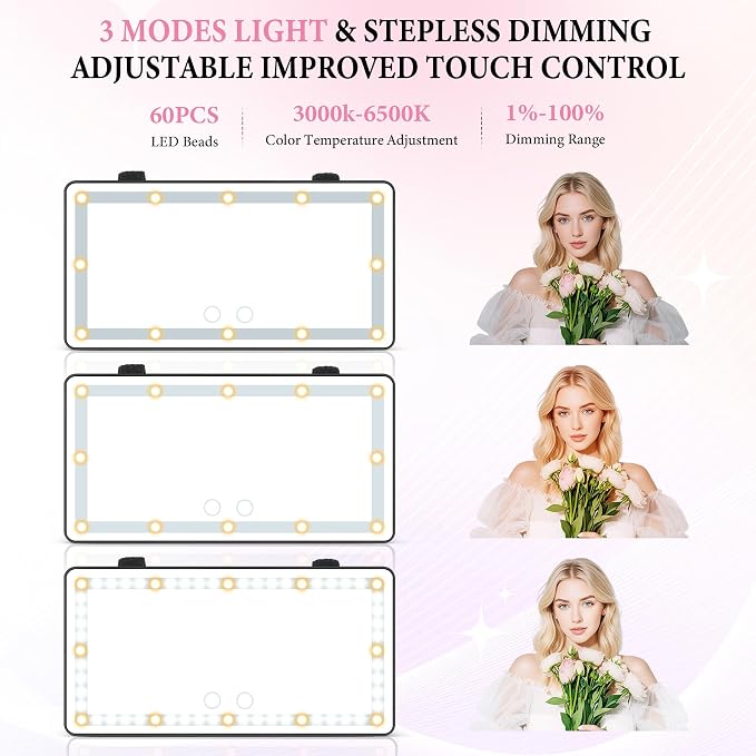 2PCS Car Sun Visor Vanity Mirror - Rechargeable Makeup Mirror with 60 LEDs, 3 Light Modes & Dimmable Touch Control for Cars, Trucks, SUVs, Car Interior Accessories for Women (Black)