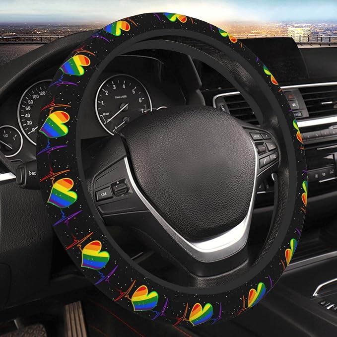Rainbow Steering Wheel Cover Anti-Slip and Practical 14.5-15 Inch Universal Car Steering Wheel Cover with 2 Pieces Car Coasters Suitable for Men Women