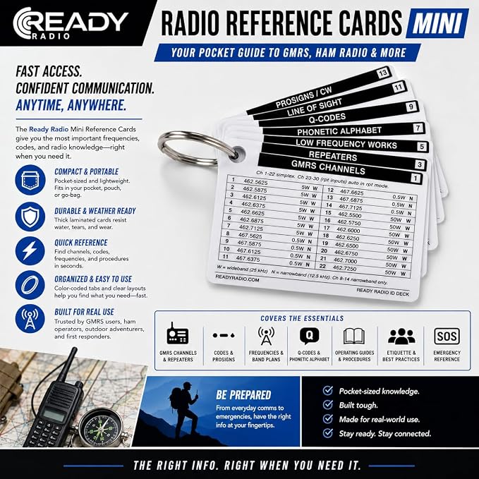 Mini Radio Reference Cards – Waterproof Pocket Guide for GMRS, Ham Radio, Amateur Radio, FRS, MURS & NOAA Weather Frequencies – Credit Card Size Emergency Communications Field Reference