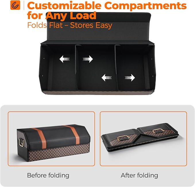 Car Trunk Organizer for SUV and Sedan, Orange‑Stripe Plaid, 29.5 in | Dual‑Material Dual‑Tone Craft, Extra Large, Leather Storage Box, Magnetic Lid, Collapsible & Adj, Water‑Resist & Dust‑Proof