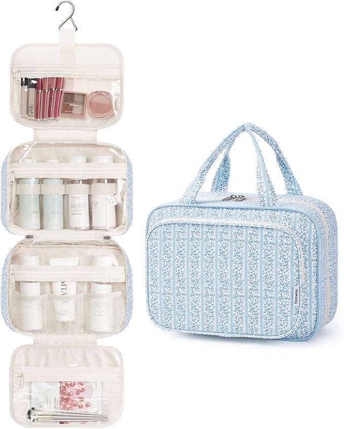 Hanging Toiletry Bag for Women Travel Makeup Bag Organizer Toiletries Bag for Travel Size Essentials Accessories Cosmetics (Blue Flower Buds (Medium))