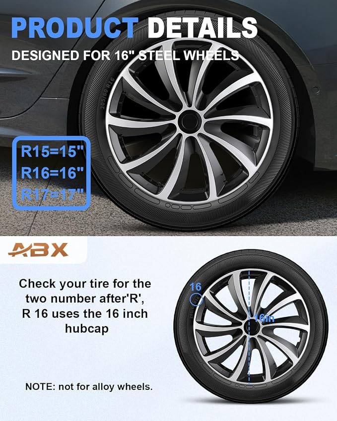 Hubcap Wheel Covers Hub Caps 16 Inch Set of 4 Black & Silver Universal Wheel Rim Cover R16 Stylish Car Decor Wheel Covers for Toyota Camry Nissan Mazda (Black&Silver, 16 inch)