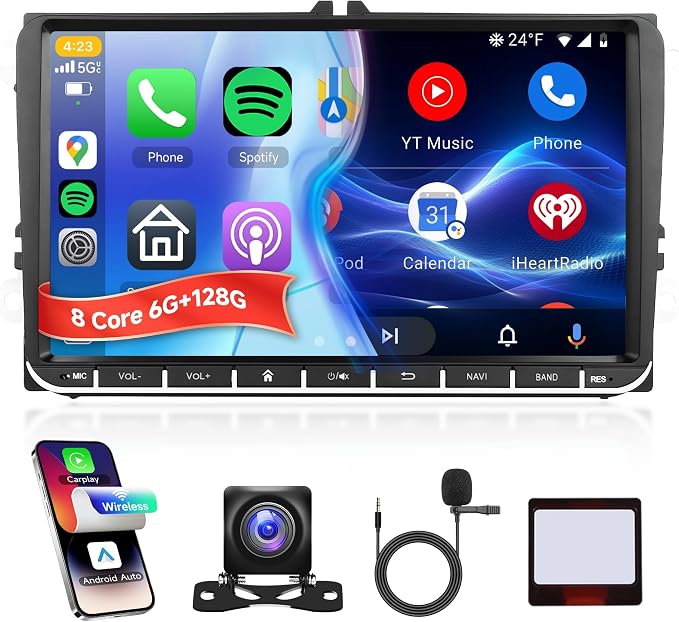 8 Core 6G 128G Android Car Stereo for VW Passat Jetta Tiguan Golf MK5 MK6 T5 EOS Polo with Wireless Carplay Android Auto, 9'' Touchscreen GPS Bluetooth 5G-WiFi FM/RDS DSP Backup Camera SWC