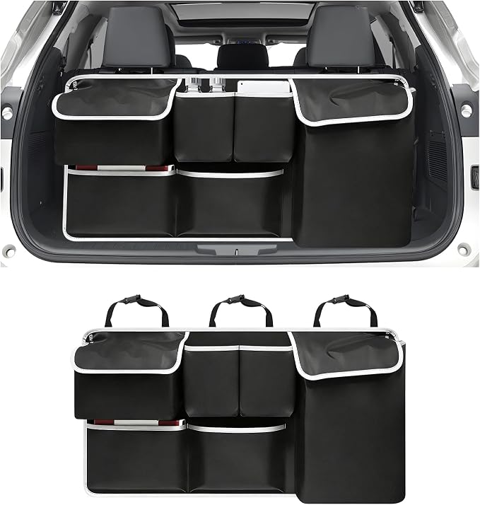 Car Trunk Hanging Organizer, Collapsible Backseat Storage Bag with 6 Fabric Pockets & Adjustable Straps, Multi-Functional Oxford Cloth Trunk Organizer for Cars Trucks SUVs