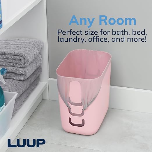 Luup Bathroom Wastebasket, Secure Grocery Bags, Plastic Garbage Container for Vanity, Laundry Room, Kitchen, Office, 2.5 Gallon, Pink, Made in USA
