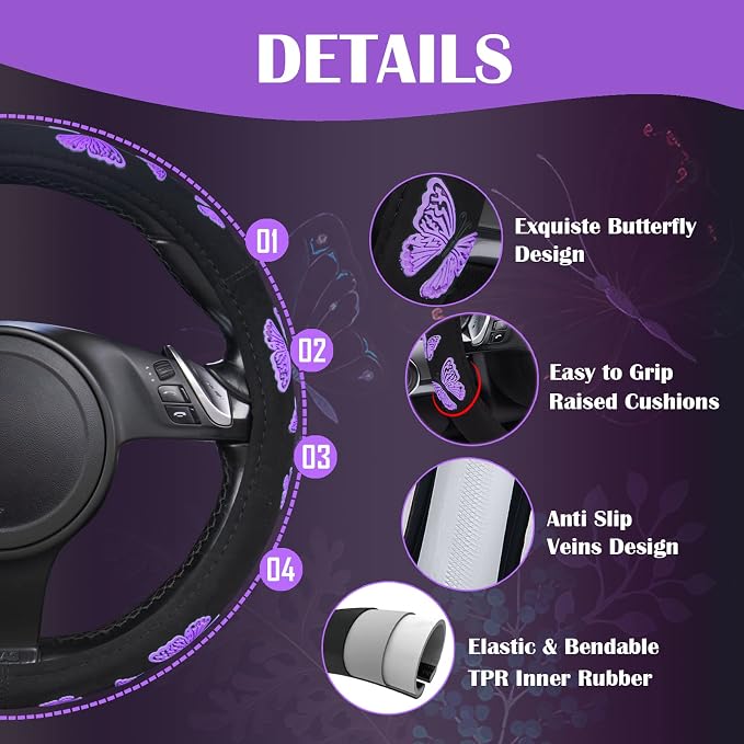 Purple Butterfly Steering Wheel Covers, 14.5" to 15.5" Car Wheel Cover Universal Fit for Suvs, Small Trucks, Sedans, Cars for Cute Women Girly (Black and Purple)