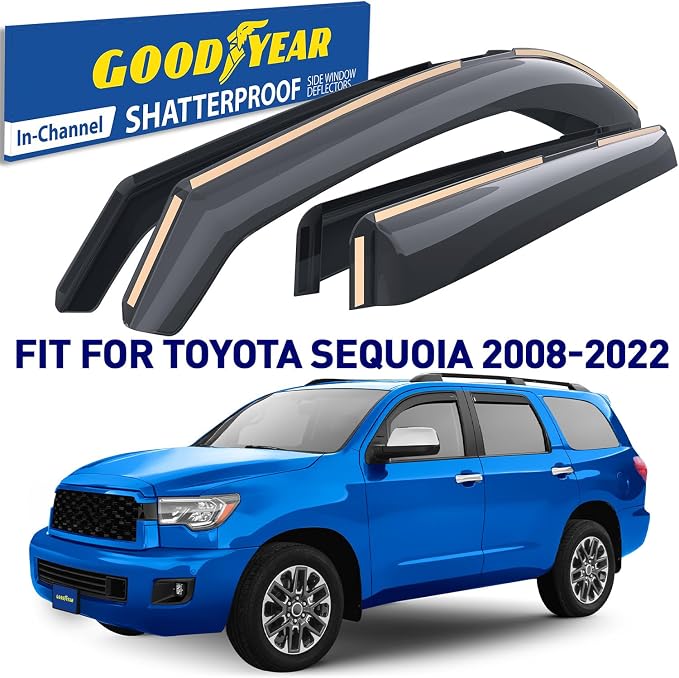 Goodyear Shatterproof in-Channel Window Deflectors for Toyota Sequoia 2008-2022, Rain Guards, Window Visors for Cars, Vent Deflector, Car Accessories, 4 pcs - GY008157