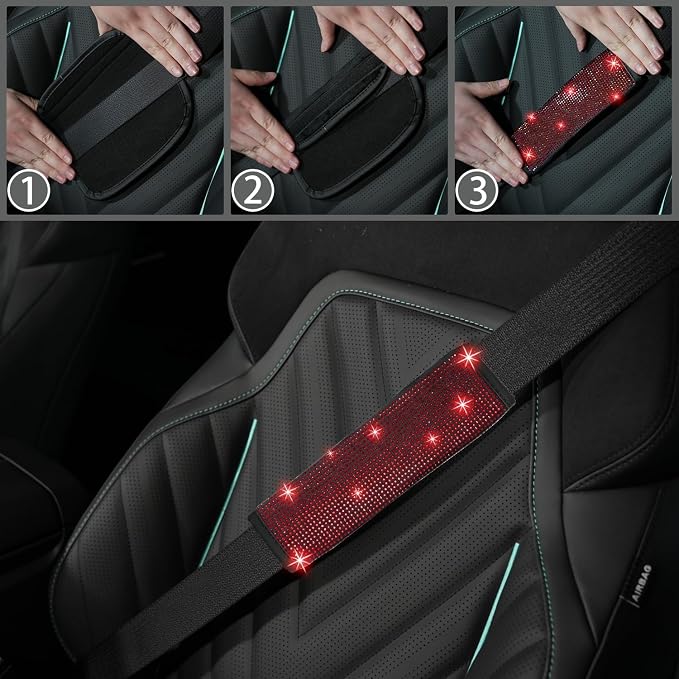 12 Pcs Bling Car Accessories Set for Women Car Floor Mats Full Set Steering Wheel Cover Seat Belt Covers Coasters Universal Fit Car SUV Truck Van Red