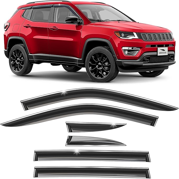 Voron Glass Chrome Trim Tape-on Extra Durable Rain Guards for Jeep Compass 2017-2026, Window Deflectors, Vent Window Visors, 6 Pieces - 100920