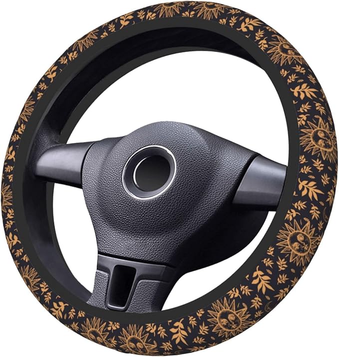 Elastic Sun Moon Leaves Car Steering Wheel Cover Protector Upgrade Thicken,Gold Boho Black,Anti Slip Durable Soft Car Interior Decor for Diverse Cars Truck SUV for Men Women Universal 15 Inch