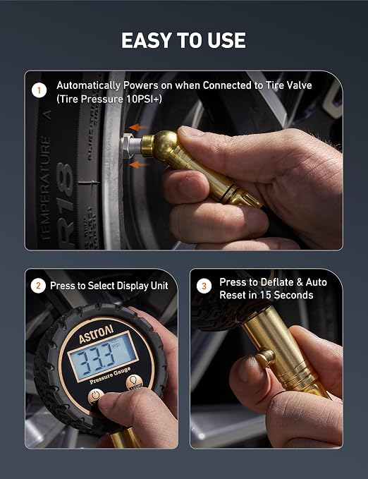 Tire Pressure Gauge for Cars with Backlit LED, Solid Brass with Rubber Hose, Air Bleeder Valve, ANSI B40.7 Grade 2A(±0.5%), 3-250PSI