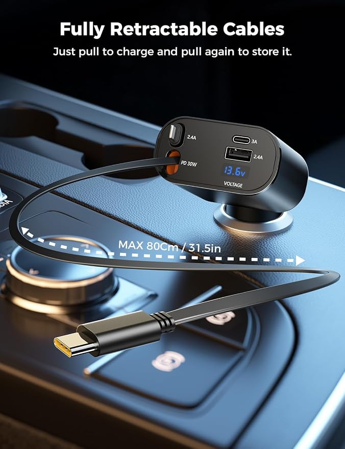 [Upgraded] Retractable Car Charger 4 in 1, Fast Car Phone Charger with Cord 2.6ft, USB C and Apple Car Adapter, Compatible with iPhone 17 16 15/15 Pro Max/14/13/12/11, Galaxy, Pixel