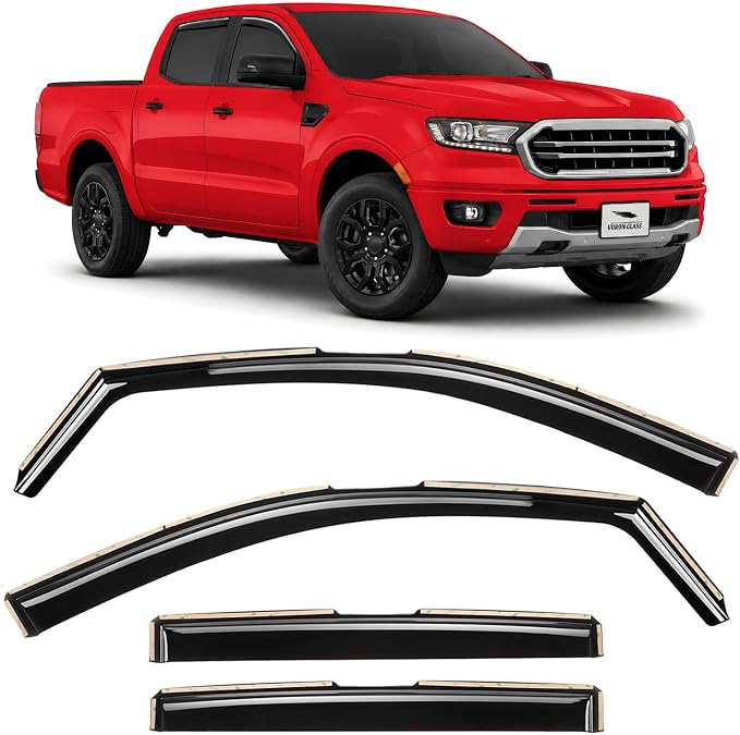 Voron Glass in-Channel Extra Durable Rain Guards for Trucks Ford Ranger 2019-2023 SuperCrew, Window Deflectors, Vent Window Visors, 4 Pieces - 220160