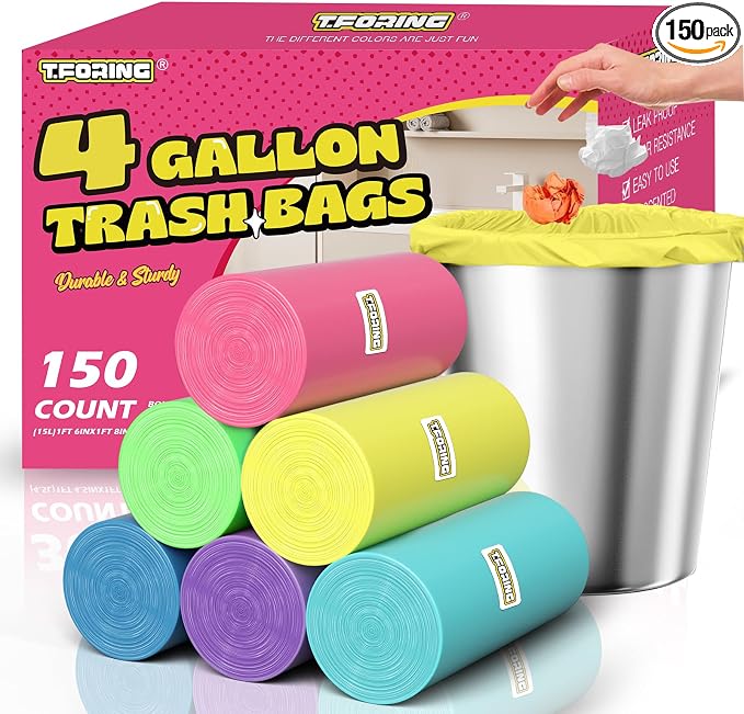 Small Trash Bags 4 Gallon, 0.86 Mil, Unscented, Colored, 150 Count | 15 Liter Garbage Bag, Plastic Waste Basket Can Liners, Durable, Leakproof, Tear Resistant, for Bathroom Office Car Bulk