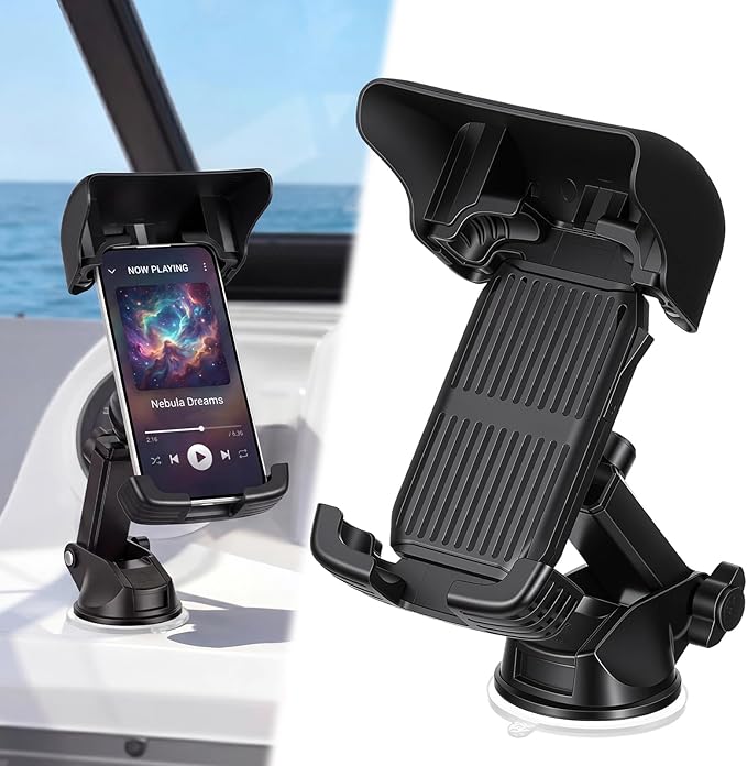 1 Pack Boat Phone Holder, Marine Cell Phone Holder with Sunshade, Black 360 Degree Adjustable Suction Cup, Smartphone Accessory for Boat Rail, Car, Cycling, Pontoon and Outdoor Use