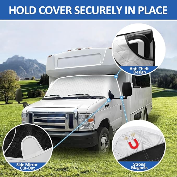 RV Windshield Cover for Chevy 2001-2024 Motorhome, RV Windshield Window Snow Cover for Ice and Snow RV Front Window Sunshade Cover Block UV Ray Heat, RV Accessories with Mirror Cutouts Silver