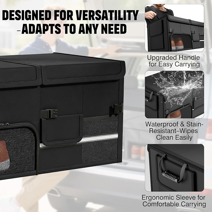 Foldable Car Trunk Organizer with Multi-Compartment – Expandable 30-60L Storage Bin, Side Mesh Pockets, Waterproof 600D Oxford Cloth, Car Accessories for SUV/Truck/Sedan, Beige, 23.6"x13.0"x11.8"