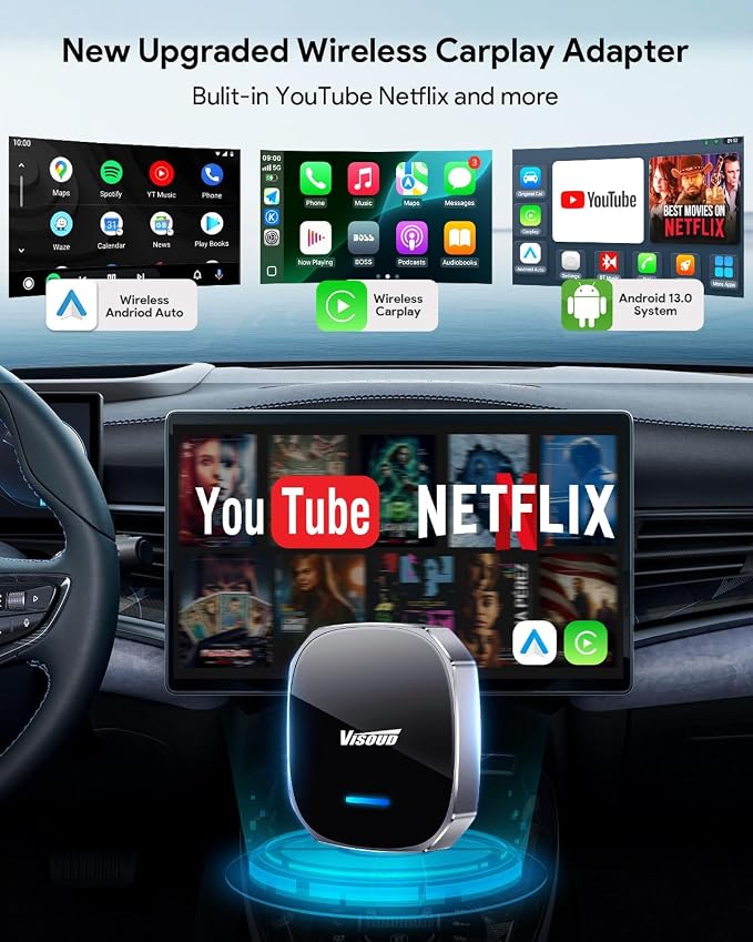 Wireless CarPlay Adapter Support Net-Flix & YouTube, 3s Fast Auto-Connect Magic AI Box, 5.8GHz WiFi Zero Delay Car Play Wireless Adapter, USB-C/USB-A, Plug & Play for Apple iPhone & Android Auto